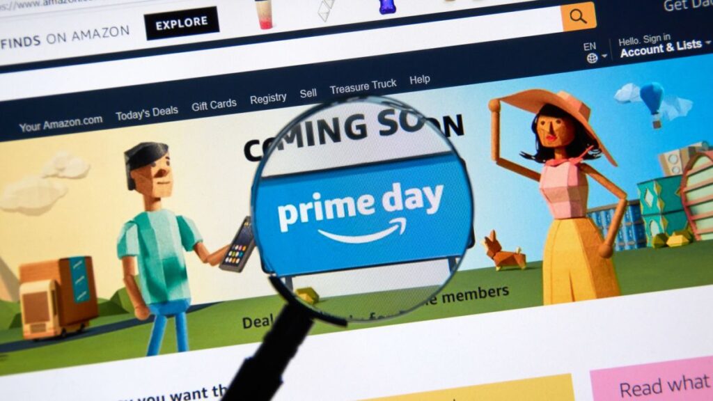 A magnifying glass over the Amazon Prime Day logo on the Amazon website